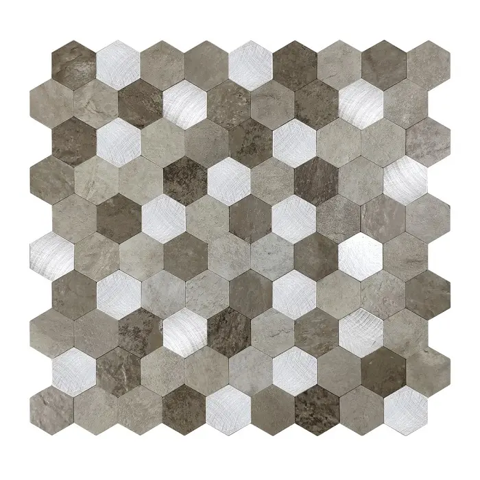New arrivals 12x12 inch hexagon aluminum peel and stick metal backsplash mosaic tile waterproof stick on wall tile