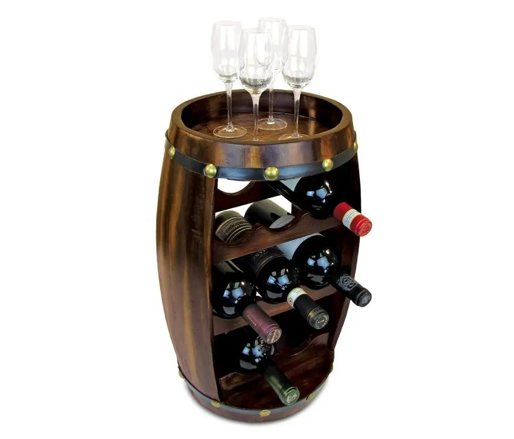 クラシックデザインワインバレルディスプレイラック無垢材ボトルオーガナイザーガラスホルダーテーブルラック