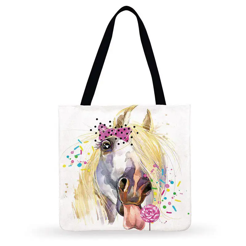 ECO Friendly Watercolor Painting Horse Print Bags Womens Handbag Casual Totes Large Capacity Shopping Shoulder Bags
