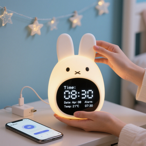 Rabbit Kid Geschenk Schlafzimmer Dekor Wireless Wake Snooze Alarm <span class=keywords><strong>Timer</strong></span> Tisch lampe Nette Silikon uhr <span class=keywords><strong>LCD</strong></span> Nachtlicht uhr