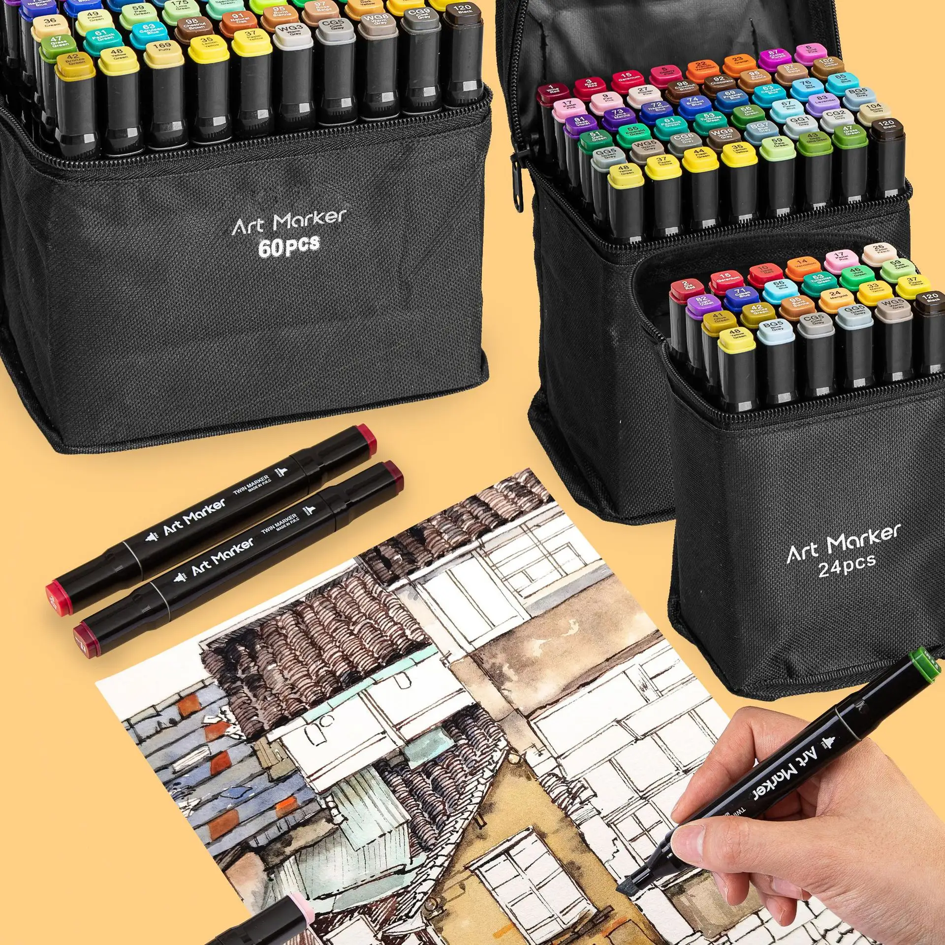 Conjunto de canetas marcadoras de 60 cores com desenho de cabeça dupla, marcadores de arte laváveis e apagáveis para crianças, estudantes, artistas, pintura e colorir