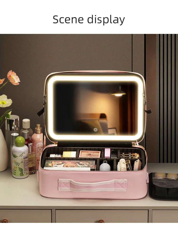 Portátil mujer viaje impermeable ajustable luz cosmética organizar maquillaje tren caso bolsa de maquillaje con espejo Led