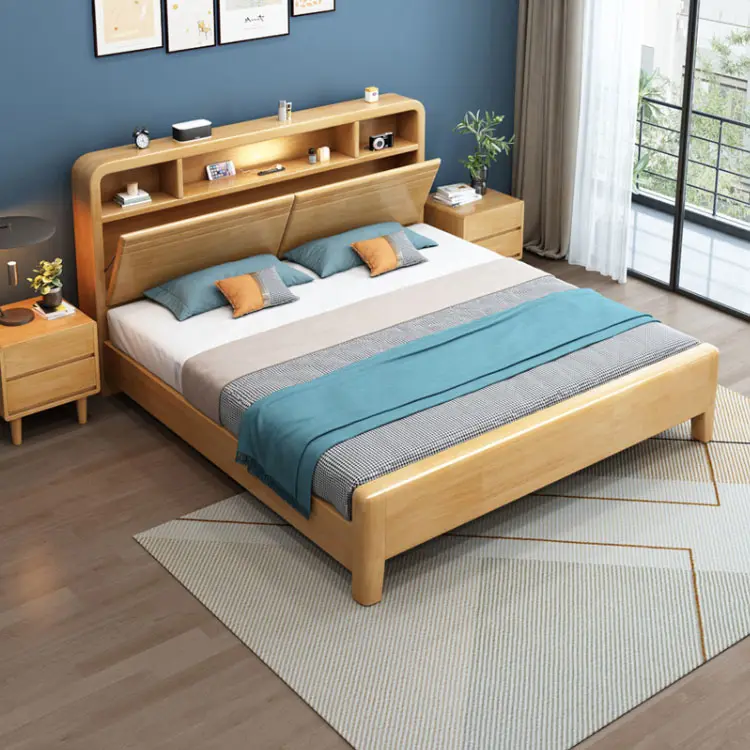 Mobili per camera da letto nordici con luci letto matrimoniale king semplice stoccaggio ricarica letto in legno massello pieno