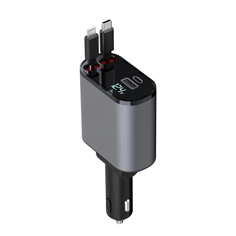 Pengisi daya mobil USB C 60W 2 kabel, adaptor pengisi daya mobil dapat ditarik cepat dan Port USB
