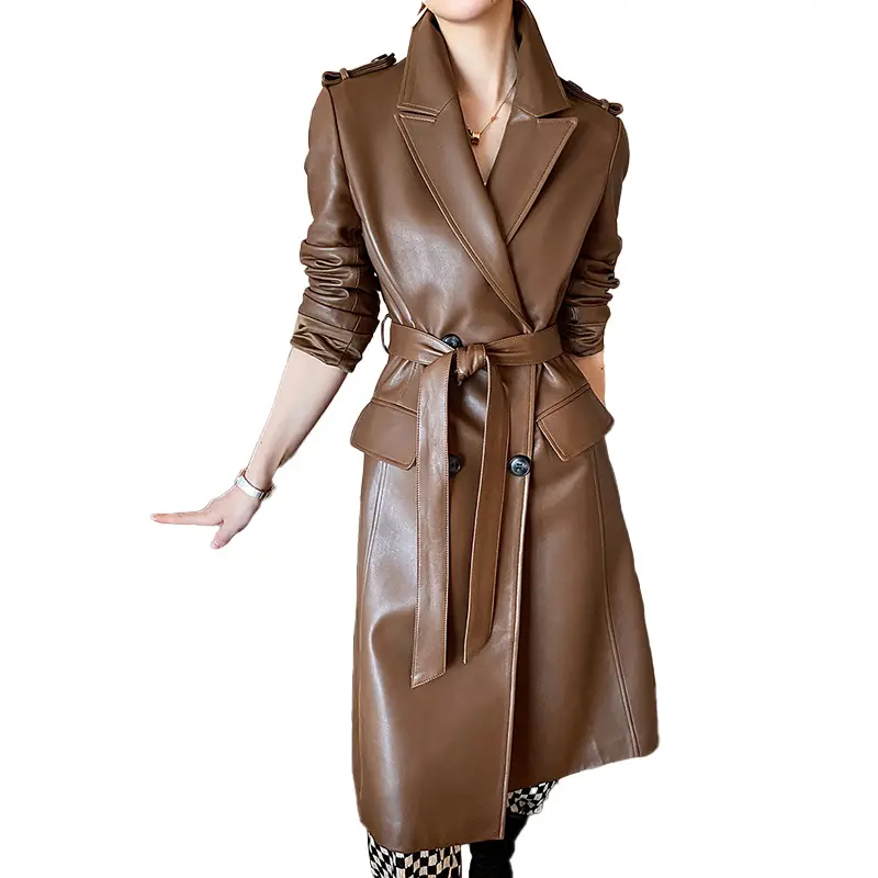 Trench-coat Long marron pour femmes, veste en cuir de mouton véritable pour dames