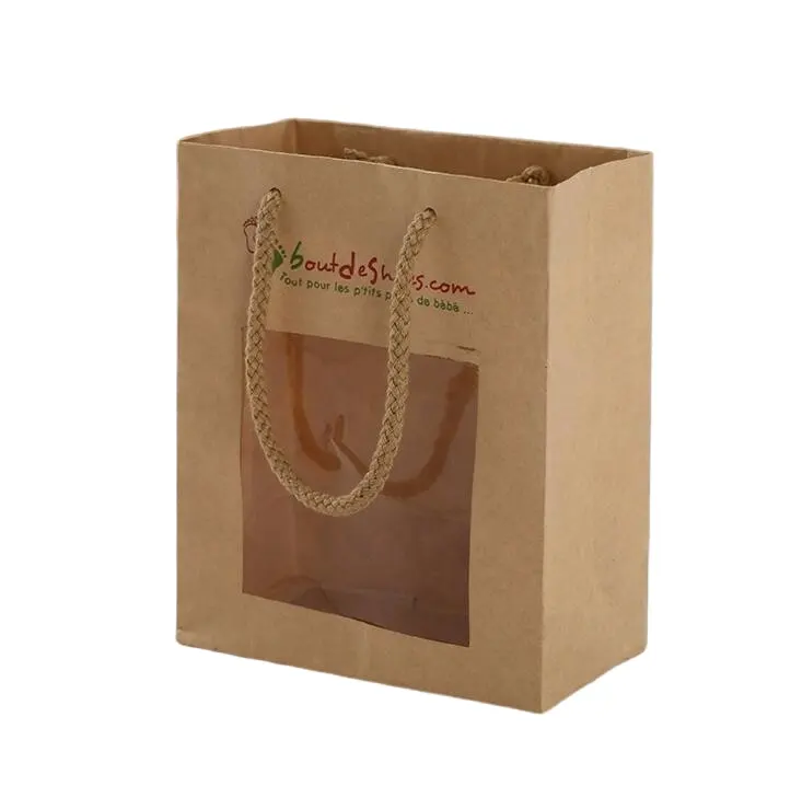 Custom Take out Food Candy Carrier Shopping Kraft Brown Paper Bag with Clear Window