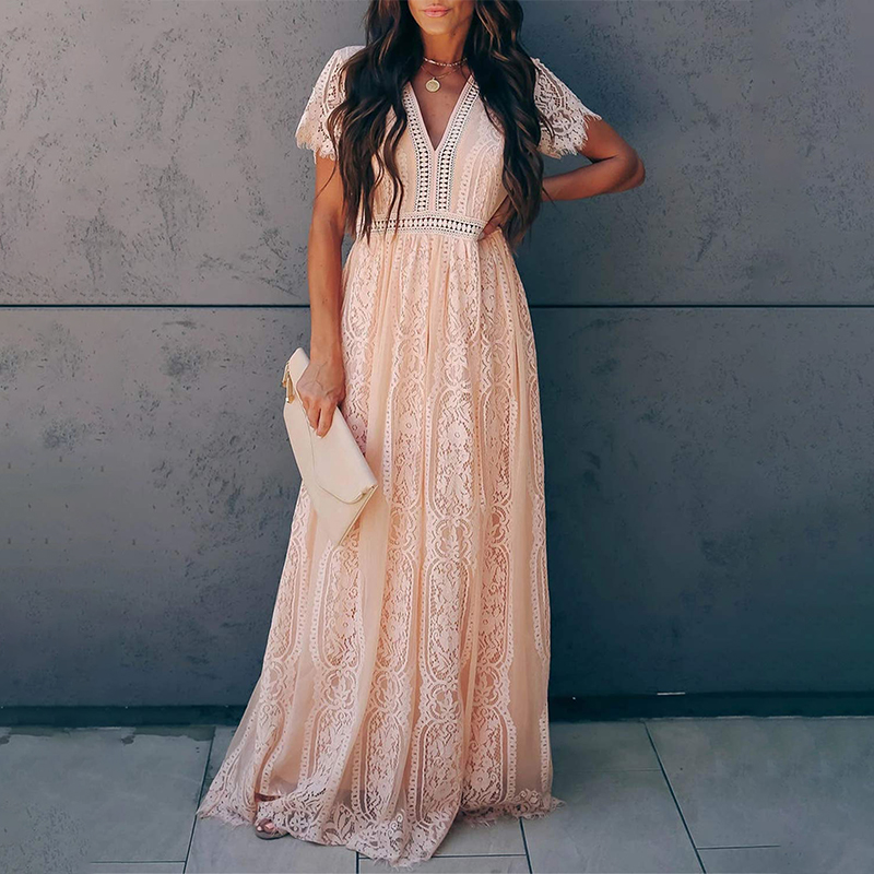 Pink long lace evening dresses