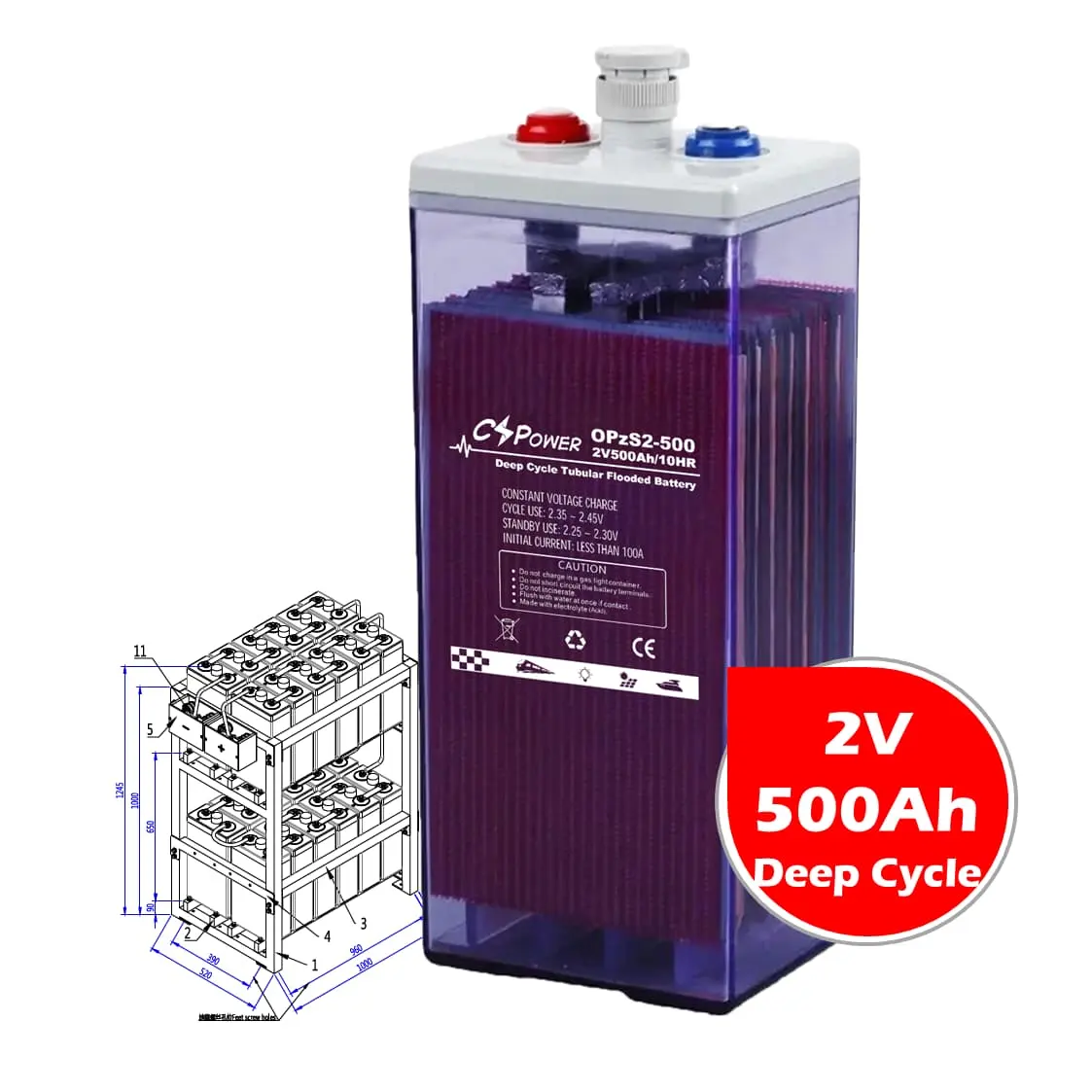 CSPower 2V500Ah almacenamiento solar Tubular OPzS Batería para sistema de seguridad VS: Sunstone 7OPzS500 ZYL