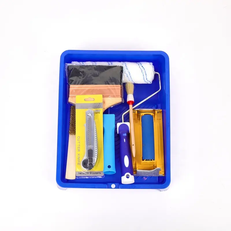 Conjunto de rolo de pintura com listra azul com pincel de fio, cabeça redonda, cortador de pincel, raspador de faca, quadro de pincel para pintura