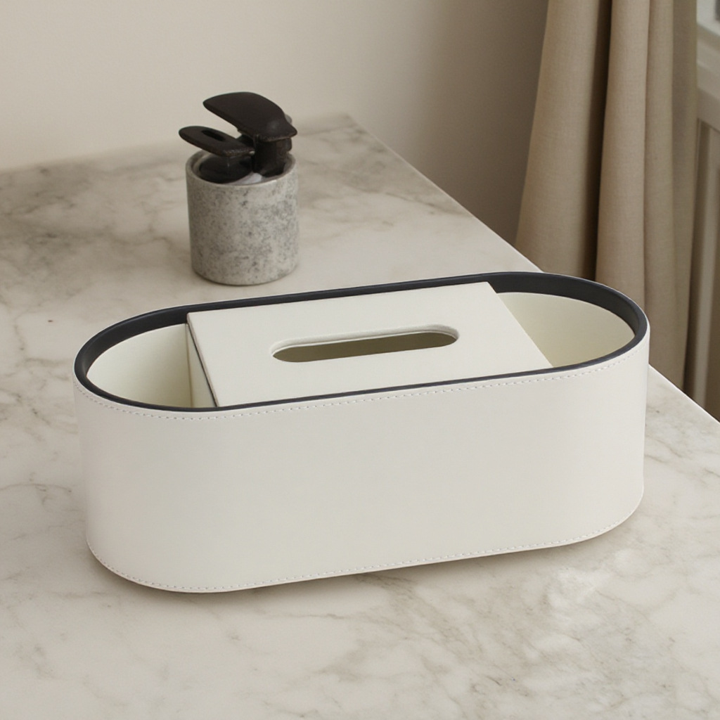 Boîte de rangement ovale deux compartiments-blanc crème