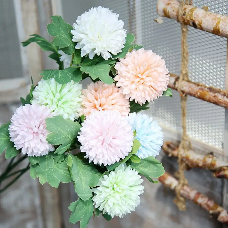 SNSY-49 Hot Selling Silk Flowers Ping Pong Chrysanthemum Ball 2 heads Artificial Flower Dandelion For Home Decoration