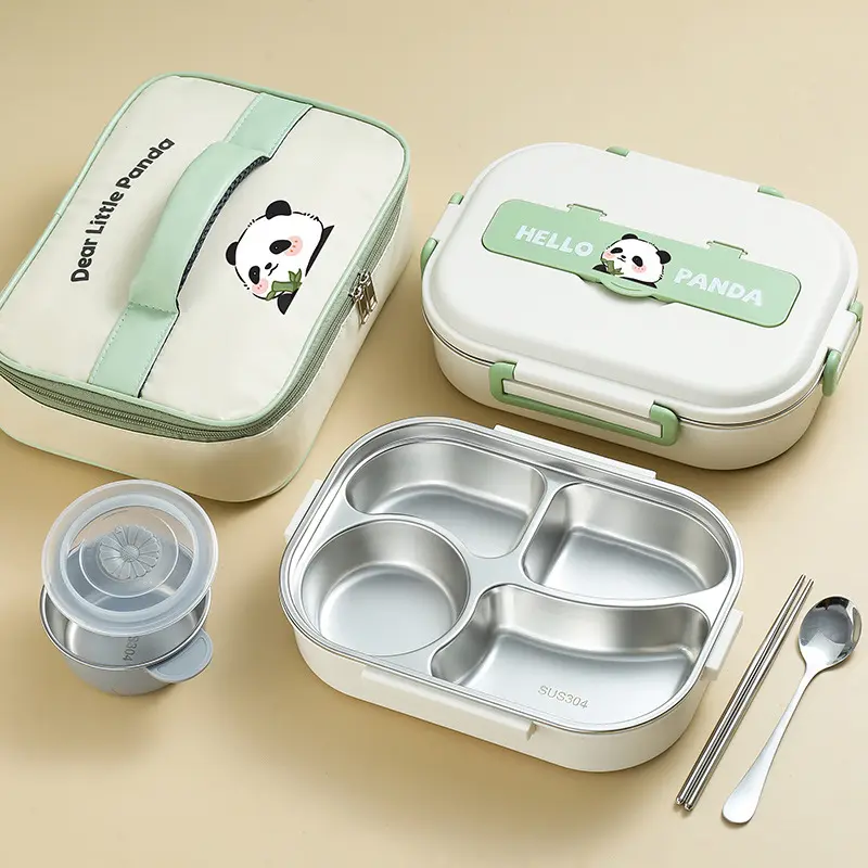 Contenedor de comida de 4 compartimentos para oficina, fiambrera Bento de metal de acero inoxidable 304 Panda con cubertería, tazón de sopa y bolsa aislada