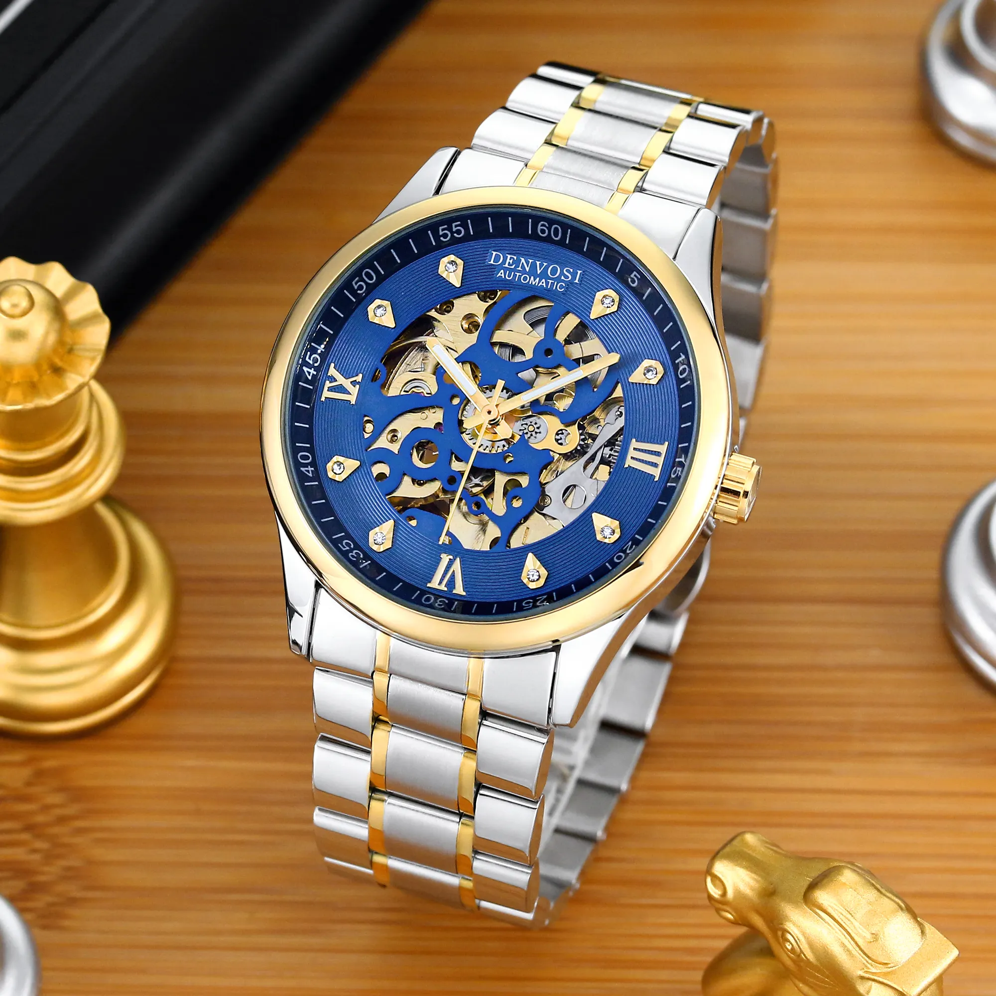 นาฬิกาข้อมือแฟชั่นชุบทองสำหรับผู้ชายหรูหราโลโก้ตามสั่งสไตล์เดนมาร์ก