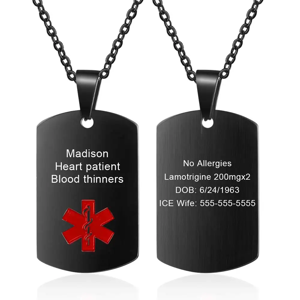 Atacado Medical Emergency Med Alert Colar Aço Inoxidável Personalizado Gravado Medical ID Dog Tags Colar para Homens Mulheres