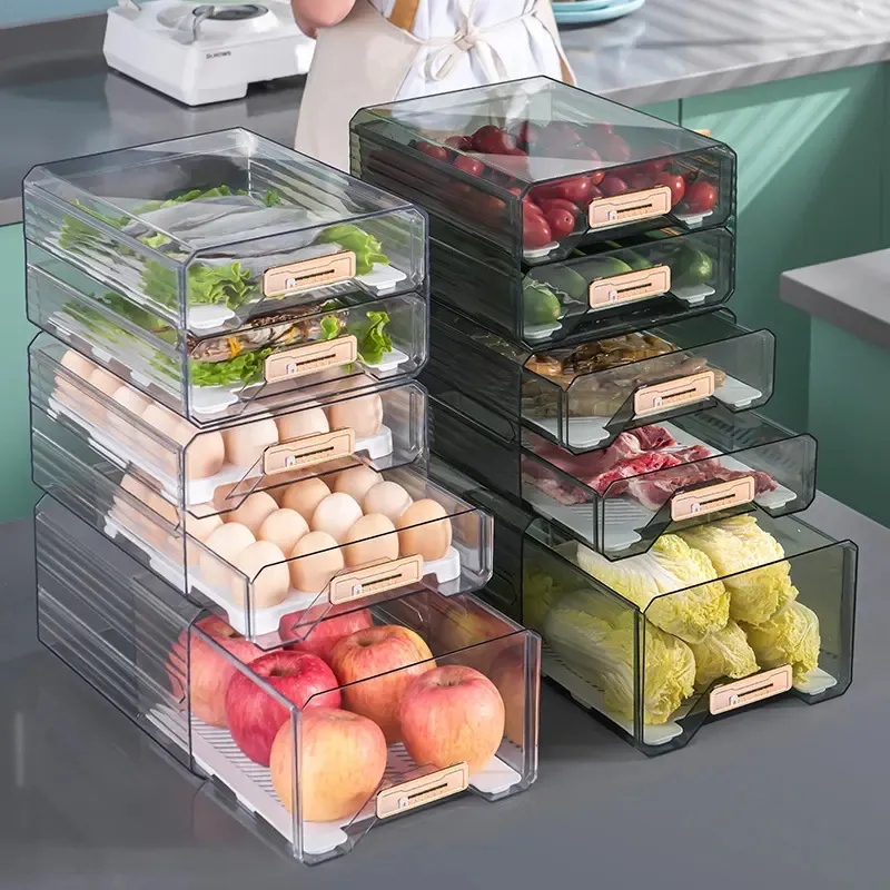 Nhà bếp lưu trữ Hộp ngăn kéo Stackable tủ lạnh Organizer bin với cống Tray cho Trái Cây Rau giữ thực phẩm tươi sống container