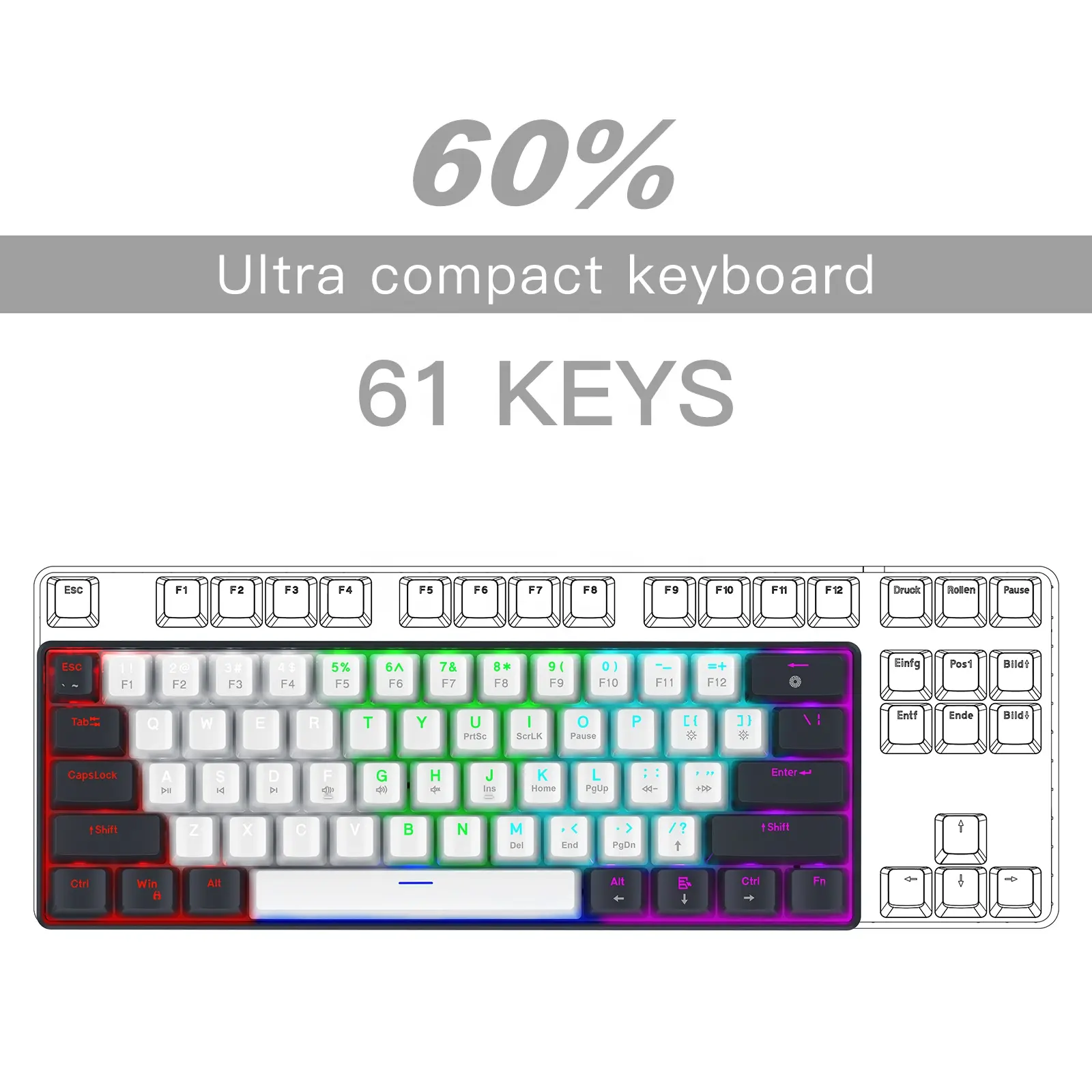 Taşınabilir yüzde 60 klavye değiştirilebilir renkli arkadan aydınlatmalı Outenu kırmızı anahtarı PC Mac için kompakt 61 tuşları Mini mekanik klavye