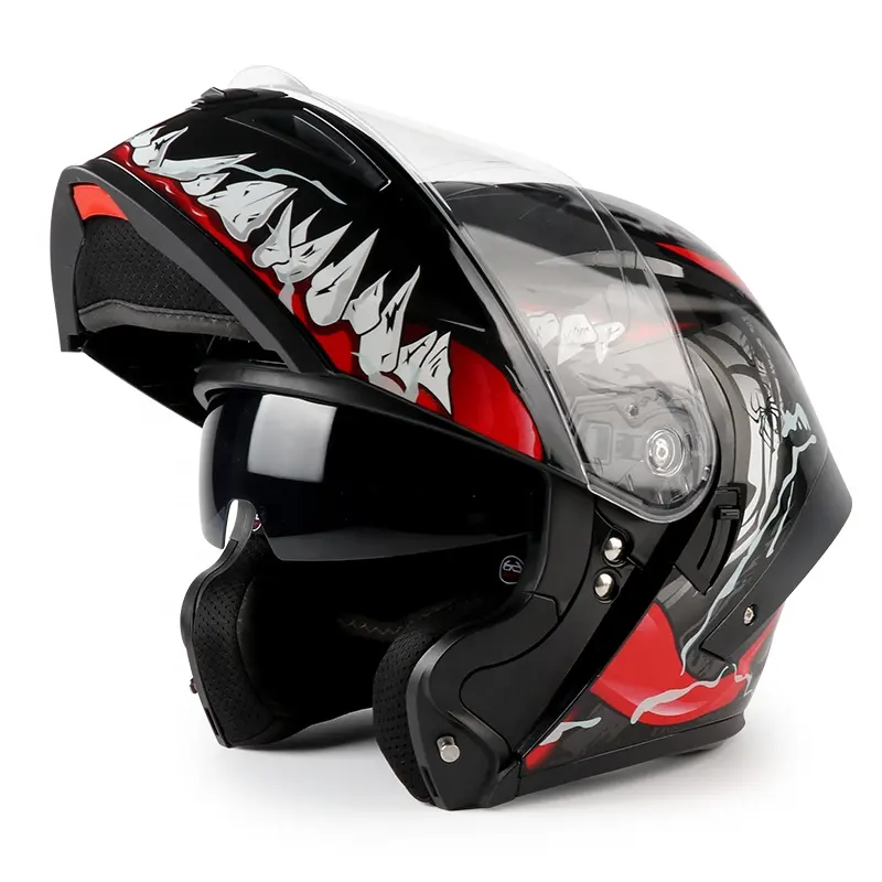 V202 Venom parlak siyah nokta belgelendirme çift vizör güneş kalkanı Flip up tam yüz modüler motosiklet kask