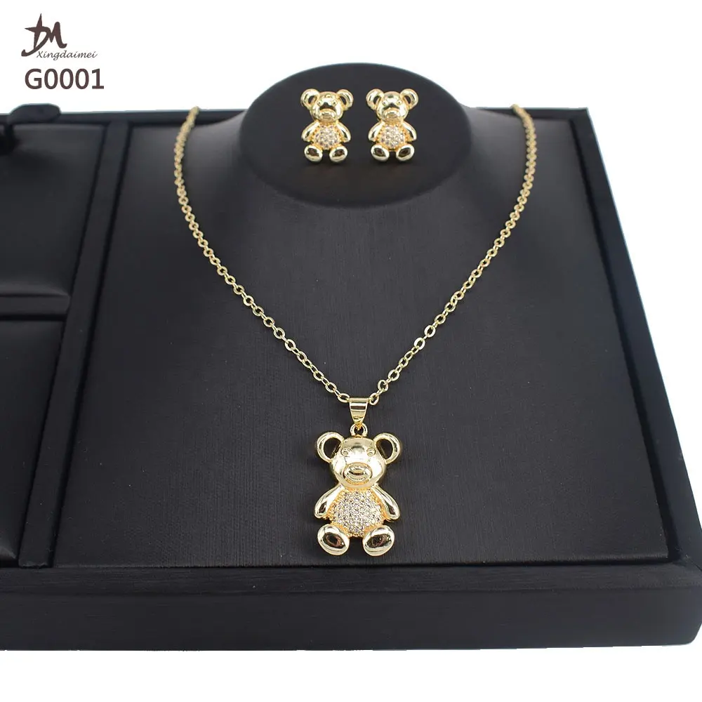 Deko G0001-ensemble boucles d'oreilles et collier en zircon plaqué or 18K, pour femmes et enfants, nounours