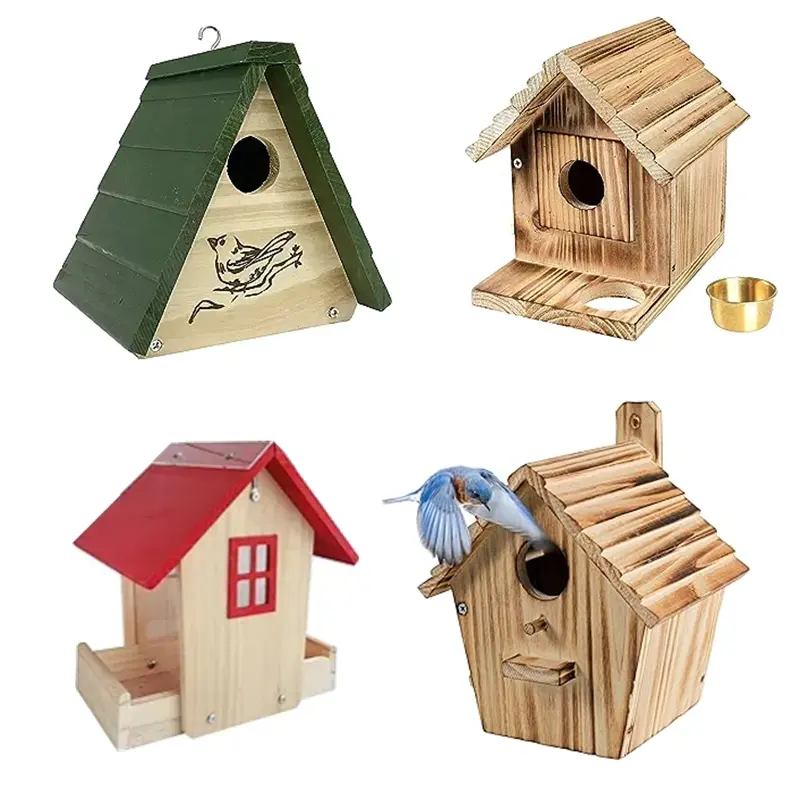 Birdhouses de madeira são usados para a suspensão ao ar livre com portas destacáveis e aberturas pássaro alimentador casa madeira