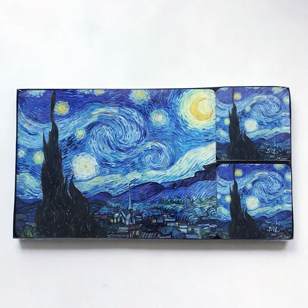 Set di 4 tovagliette per pittura Van Gogh all'ingrosso sottobicchiere di lusso con supporto in sughero MDF Set di tovagliette da tavolo da pranzo