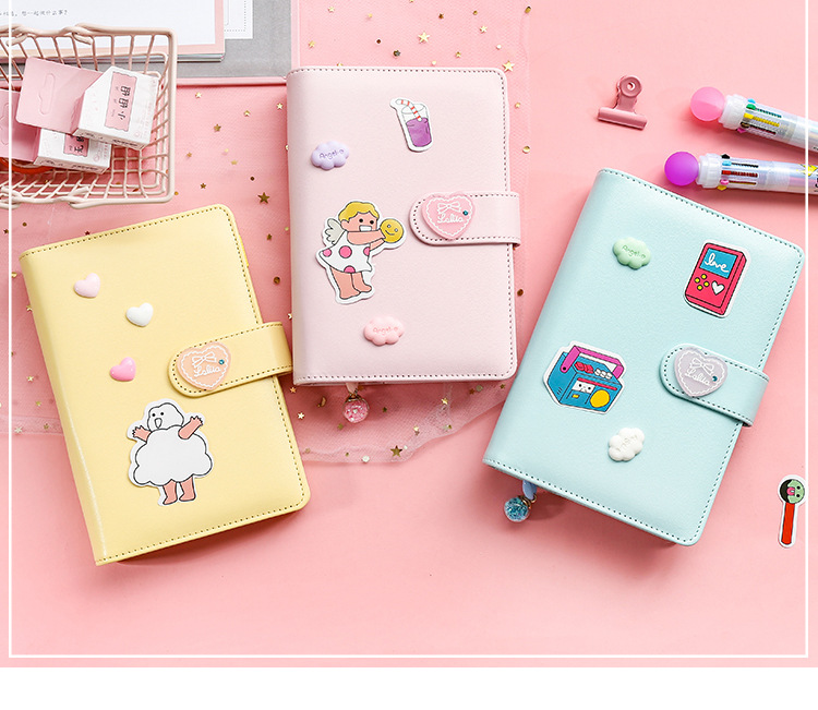 Kawaiiガールハートハードカバーノートセット6リングA6
