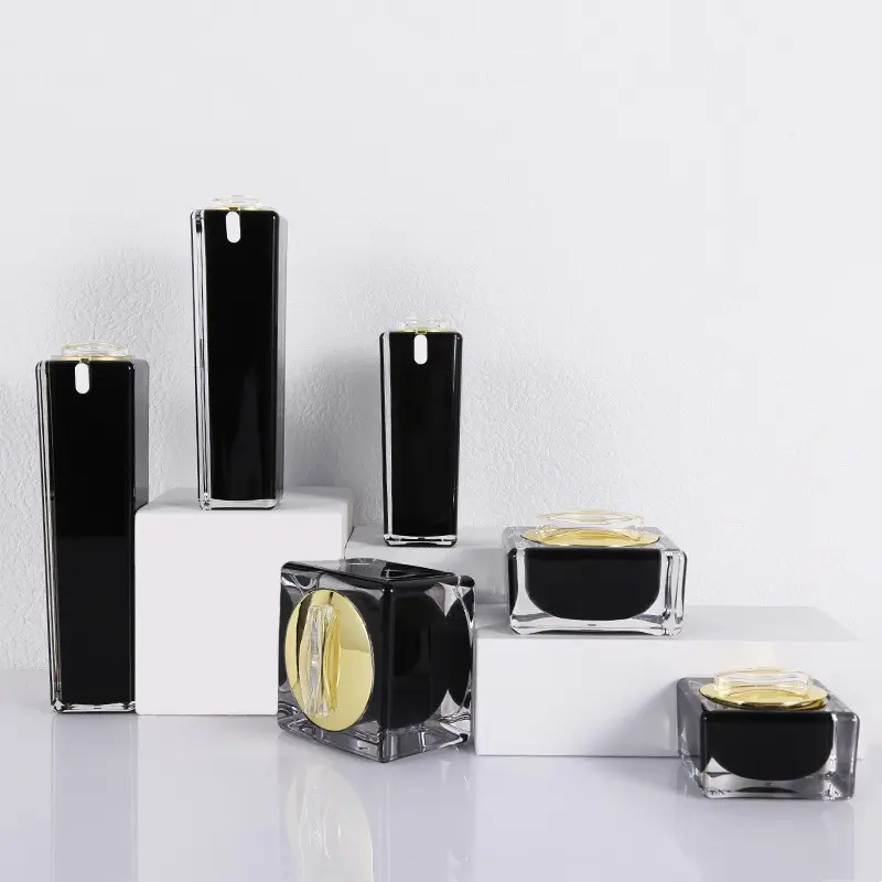 Wholesale 30ml 50ml 100ml 15g 30g 50g black Square Cosmetic cream jar Skincare Lotion Pump Acrylic Bottle For Toner