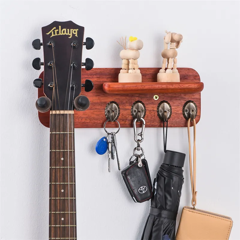 Appendiabiti per chitarra in legno supporto per staffa a parete 4 ganci con ripiano portaoggetti portabottiglie in legno