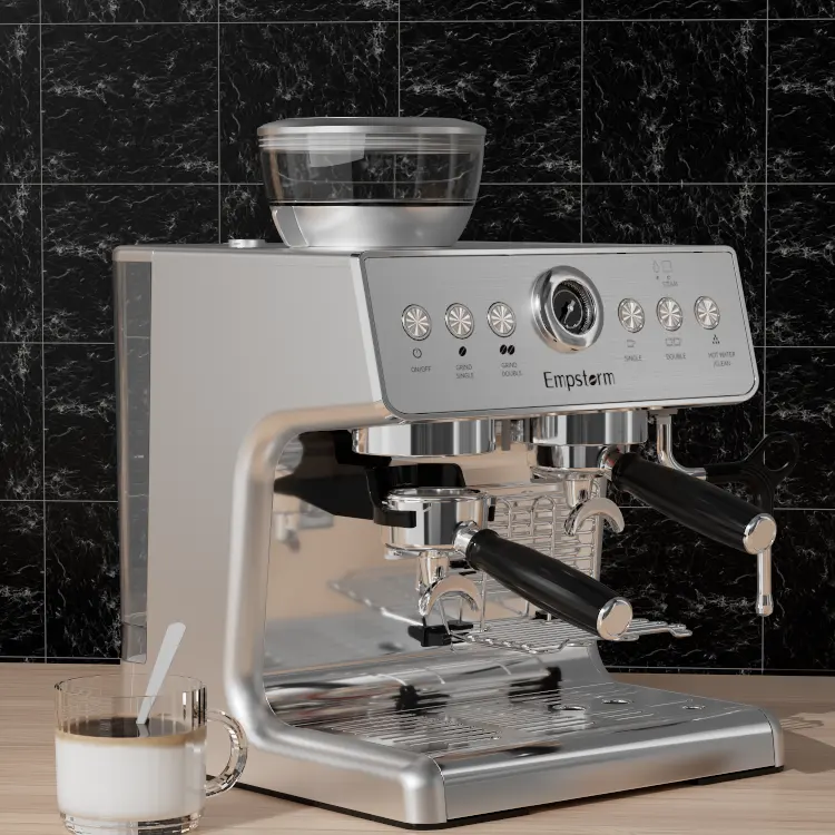 Cafetera à vapeur semi-automatique en acier inoxydable, machine à café industrielle expresso numérique avec broyeur électrique