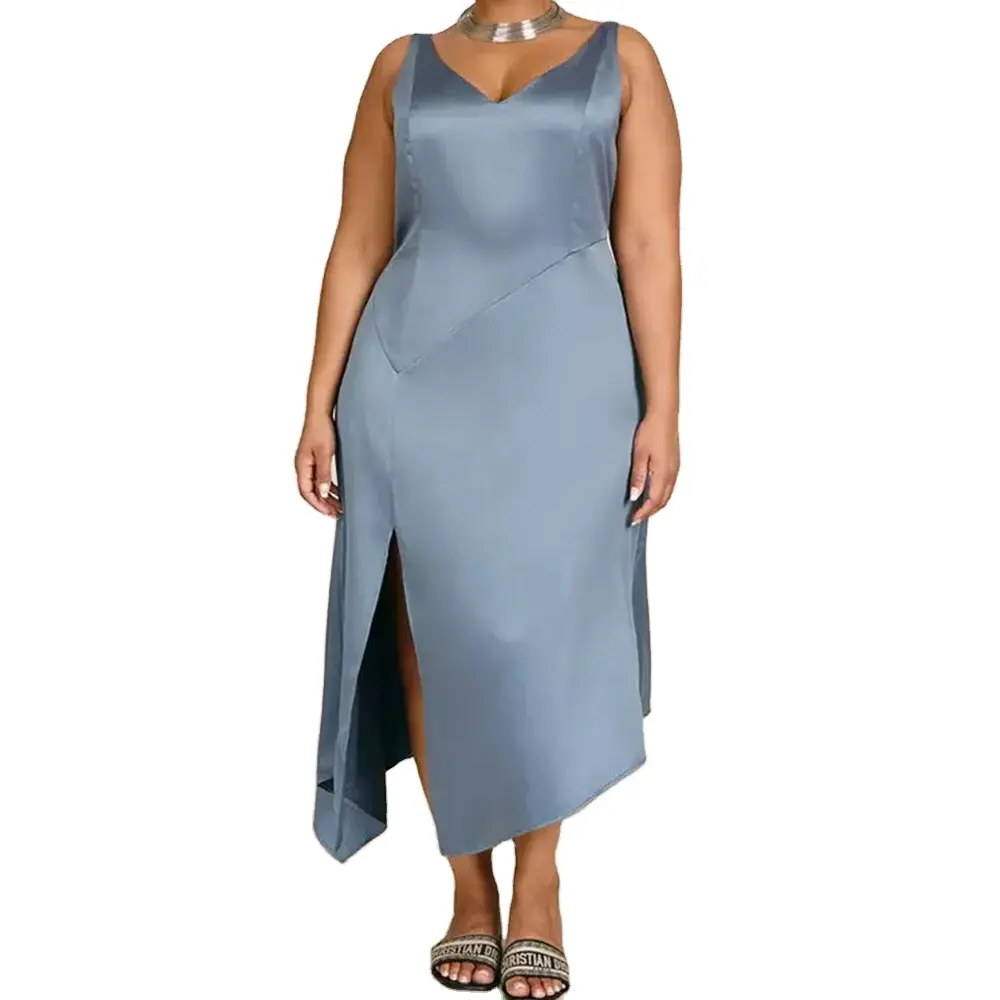 Vestido de verão assimétrico plus size, vestido liso com fenda, comprimento do chão, sem mangas, plus size, para mulheres gordas