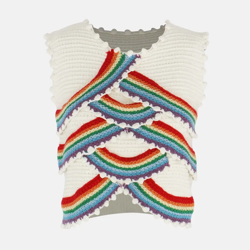 Altamente Personalizado Knit Mulheres Camisola Colete Moda Y2K Tripulação Pescoço Atado Rainbow Listrado Bordado Layering Crochet Colete Tops