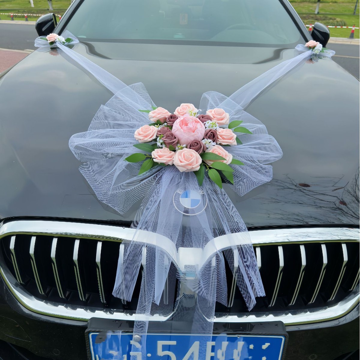 4# Fleur de tête de voiture rose-un grand deux petits
