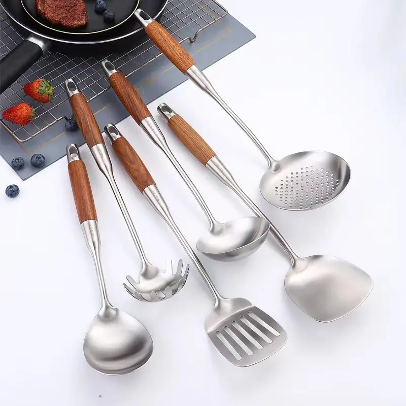 304 Stainless Steel Kitchen Utensils Set with Wood Handle Kitchen Utensils Sets & Kitchen Gadgets Cookware Set Slotted Spatula