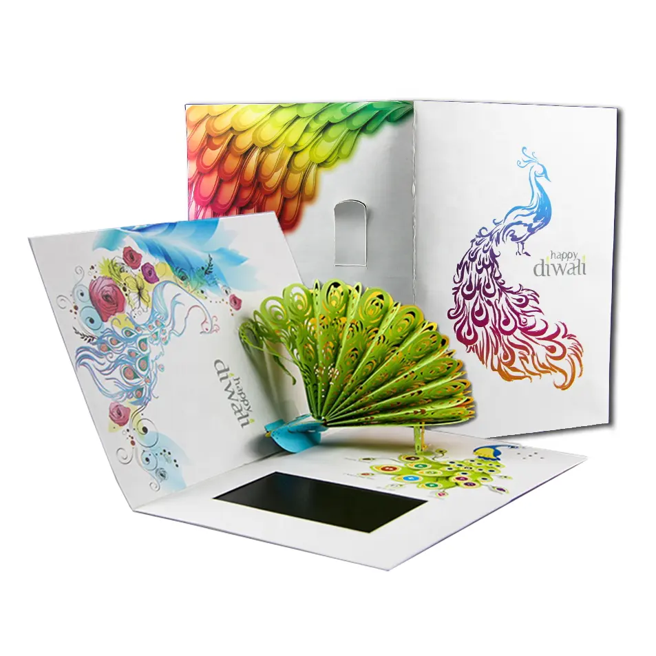 Cartolina digitale con schermo lcd personalizzato con carta regalo pavone di nuovo design più venduta per brochure video aziendali di marketing