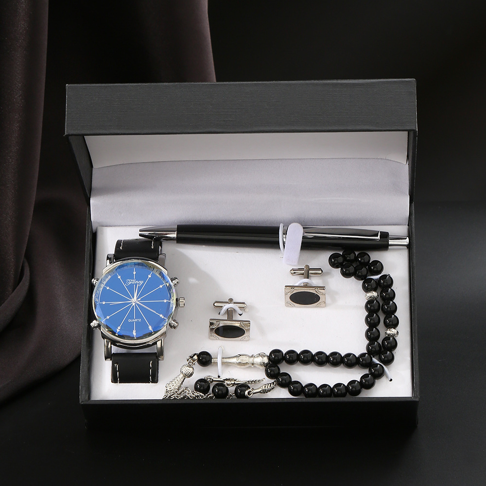 M025 juego de gemelos de bolígrafo con cuentas de reloj negro, caja de regalo de madera