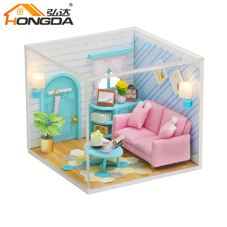 Diy Mini Modelo de Construção de Madeira Meninas Sala de estar Com Sofá Mesa de Café Do Armário de Madeira Casa De Boneca
