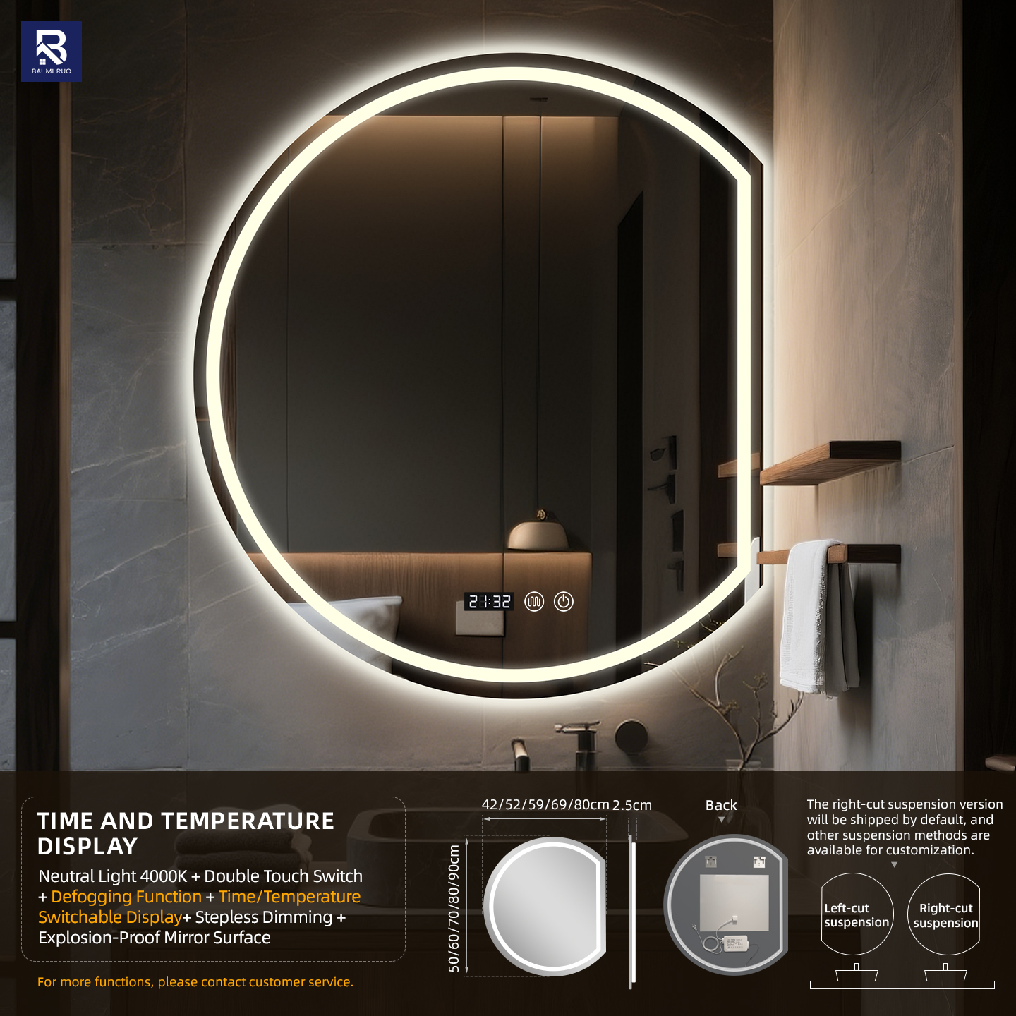 Affichage de l'heure et de la température + Double touche + Lumière blanche neutre + Désembueur