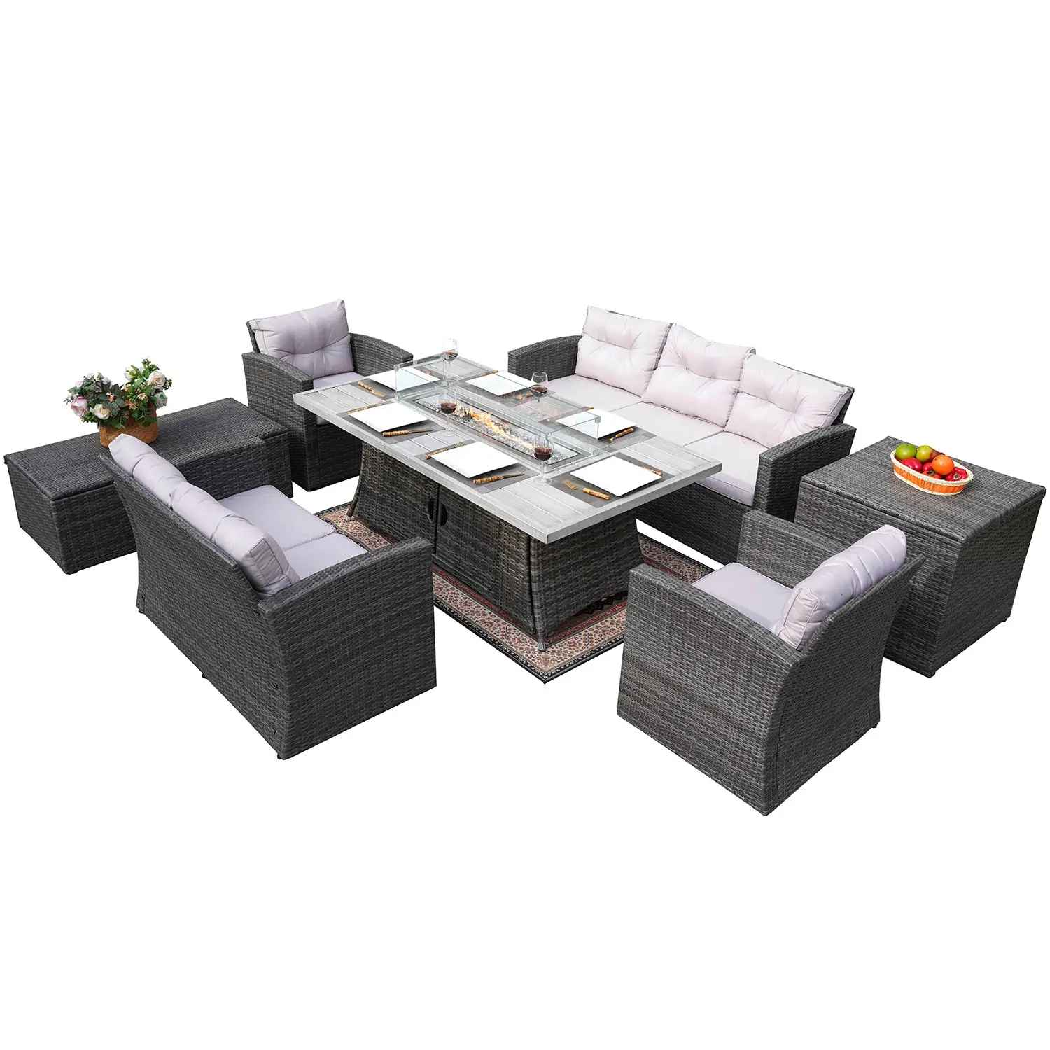Juego de sofás de mimbre para exteriores de alta calidad, sofá de jardín, muebles de ratán con mesa rectangular para fogatas