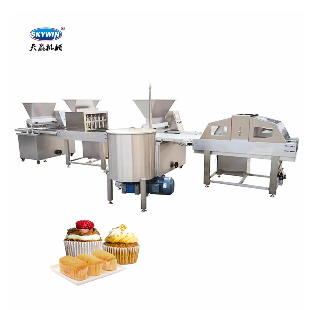 Línea de producción automática de magdalenas, máquina de repostería pequeña con bandeja, para cupcakes, magdalenas y pasteles