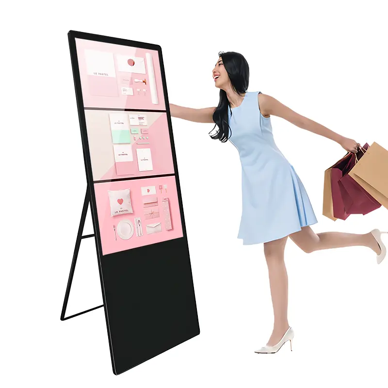 Hareketli zemin standı dijital tabela ekran LCD Poster kapalı taşınabilir reklam oyuncu