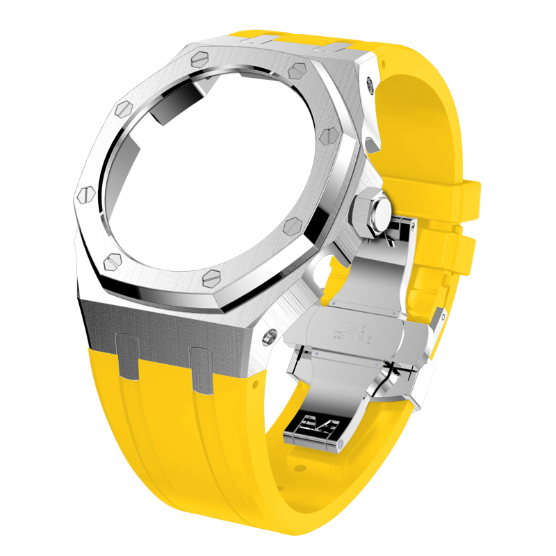 Silver case yellow strap