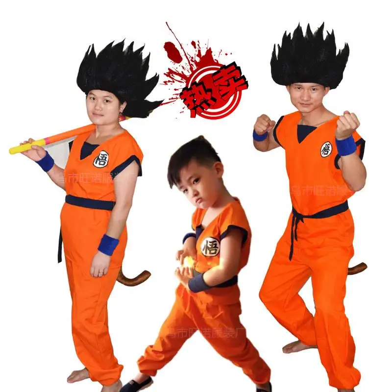 Chiid Son Goku Cosplay disfraz niños divertido Anime conjunto manga corta Halloween traje negro oro naranja peluca trajes