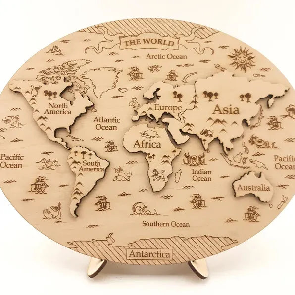 Деревянная головоломка-карта мира по методу лазерной резки