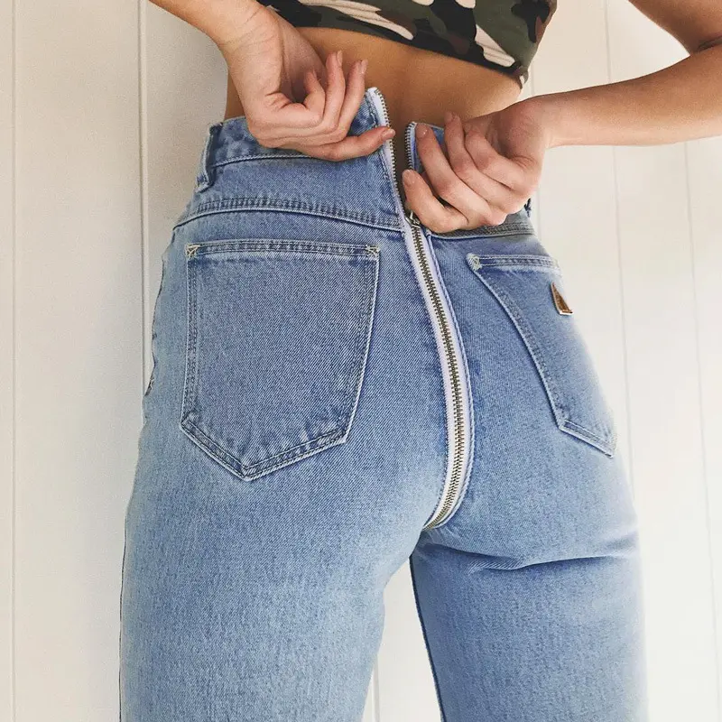 Calça jeans de cintura alta, calça jeans de cintura alta personalizada com zíper traseiro para mulheres