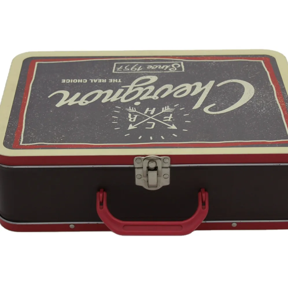 Gran rectangular de lujo almuerzo caja de lata de Metal promoción maleta latas de almacenamiento con asa para niños