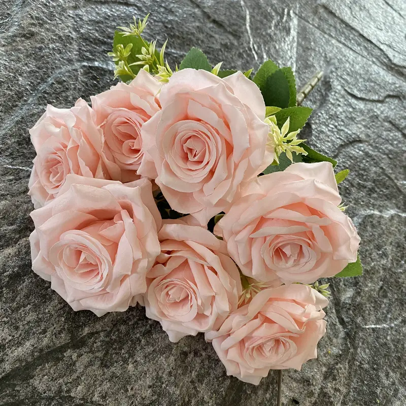 Buquê realista de flores de seda rosas falsas com toque real, buquê de rosas artificiais para decoração de festas de casamento em casa, venda de fábrica QYY-01