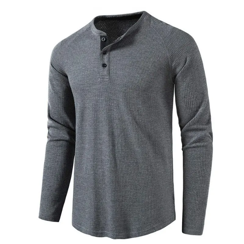 Customize Casual Long Sleeve Button Henley Thick Tops Men's Breathable Waffle Knit Grey Shirt
