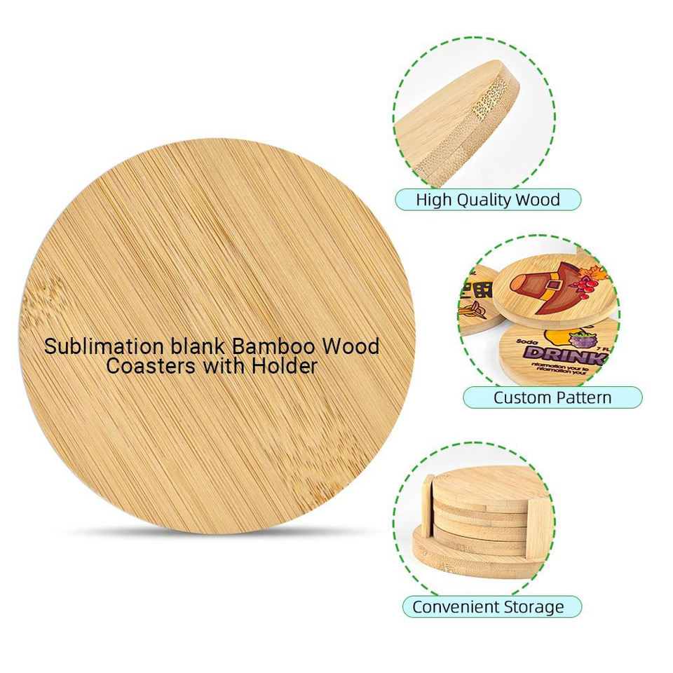 Subli-forward Custom Water Absorbent Sublimation Blank Bamboo Coaster 4PCS Set Round Shape Bamboo Coaster for Heat Press Print