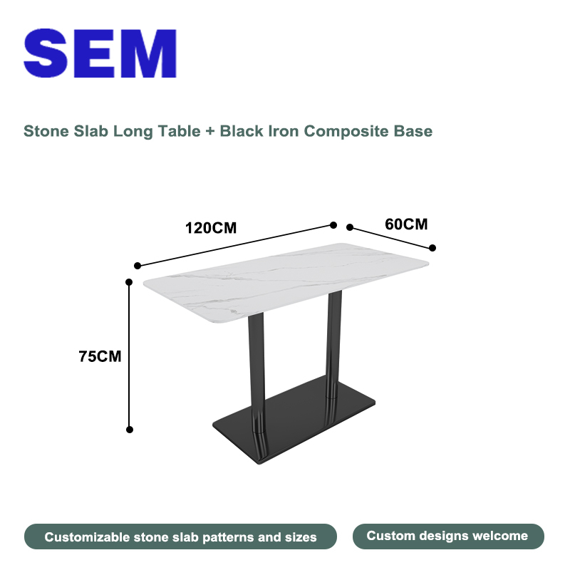 Table longue en dalle de pierre + base composite en fer noir