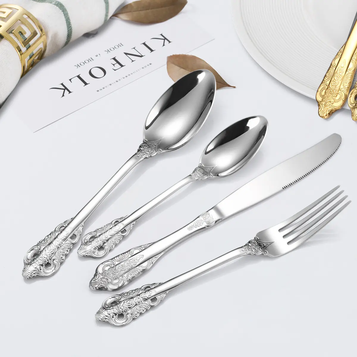 Hotel Luxury Spoon Fork Gold Silver color cutlery Cooking Spoon Cutlery Wedding stainless steel Tableware Gold Spoon Set