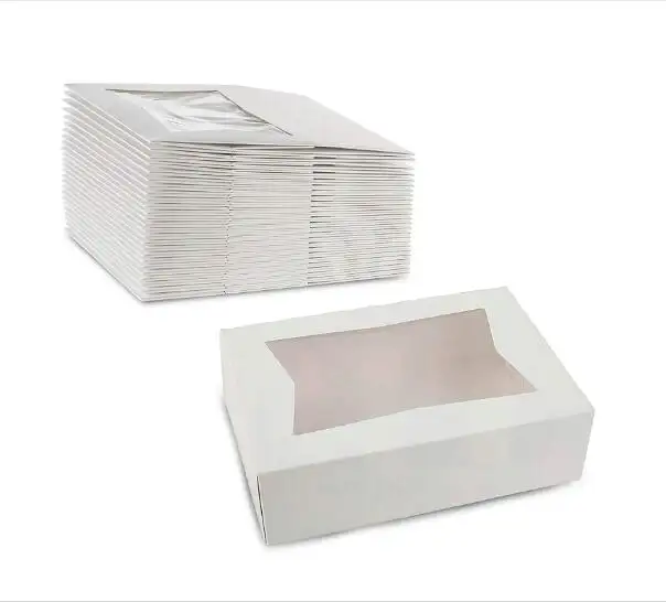 Caja de panadería con cerradura blanca, contenedor grande de 14x10x3 pulgadas con ventanas de PVC para tartas y galletas